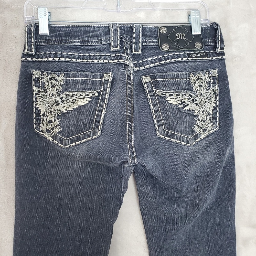 Miss Me Jeans Womens 27 Boot Cut Black Thick Stitch Faded Embellished Wing Cross